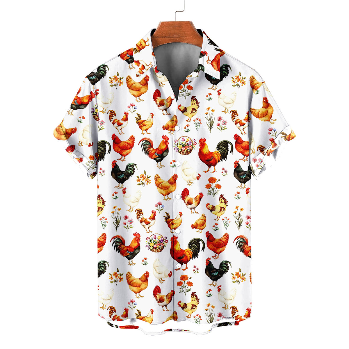 Chicken & Rooster Floral Hawaiian Shirt – White Aloha Button Up