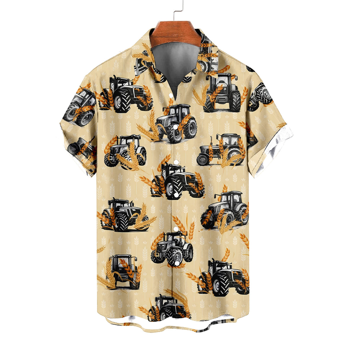 Tractor Hawaiian Shirt – Modern Farm Tractor Wheat Pattern Aloha Button Down | Gift For Farmers Dad Men