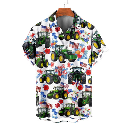 Patriotic Tractor Hawaiian Shirt – American Flag Green Farm Tractor Tropical Aloha | 4th of July Farmer Gift Men Women