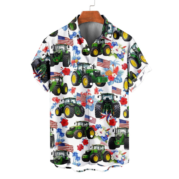 Patriotic Tractor Hawaiian Shirt – American Flag Green Farm Tractor Tropical Aloha | 4th of July Farmer Gift Men Women