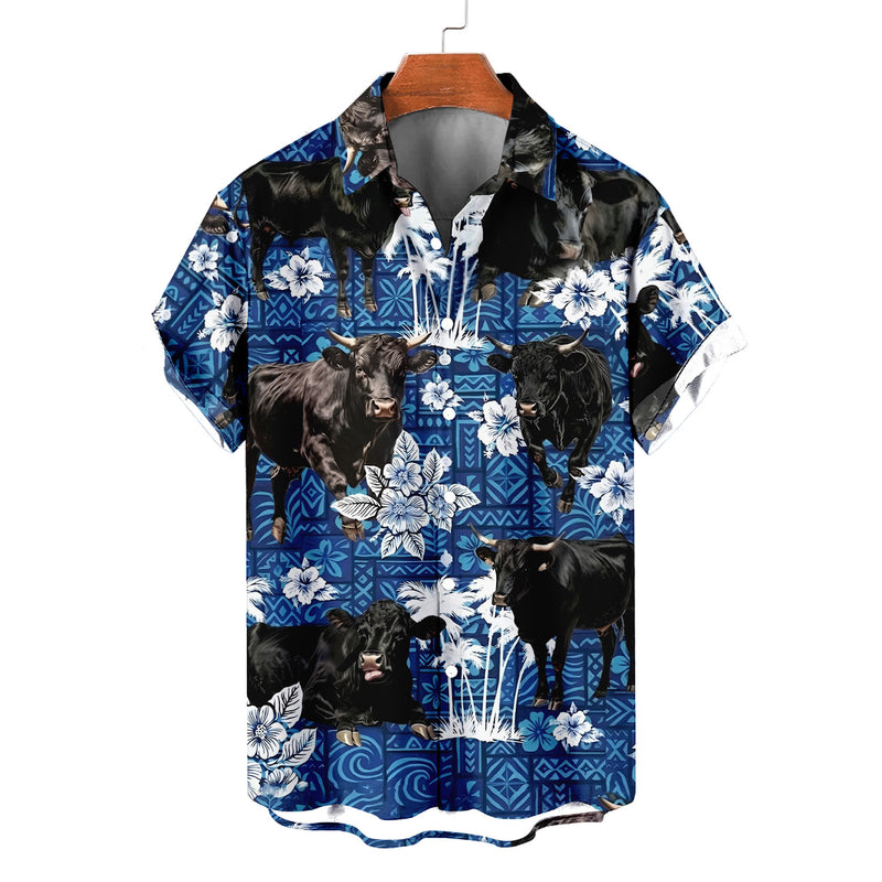 Black Angus Hawaiian Shirt – Blue Tribal Tiki Hibiscus Cattle Aloha Button Down | Cow Farmer Gift Men Women