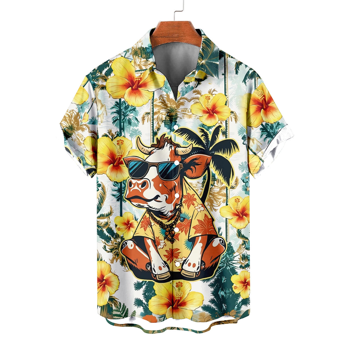 Funny Cow Hawaiian Shirt – Cool Cow Wearing Sunglasses Tropical Hibiscus Aloha | Cute Cow Lover Gift Men Women