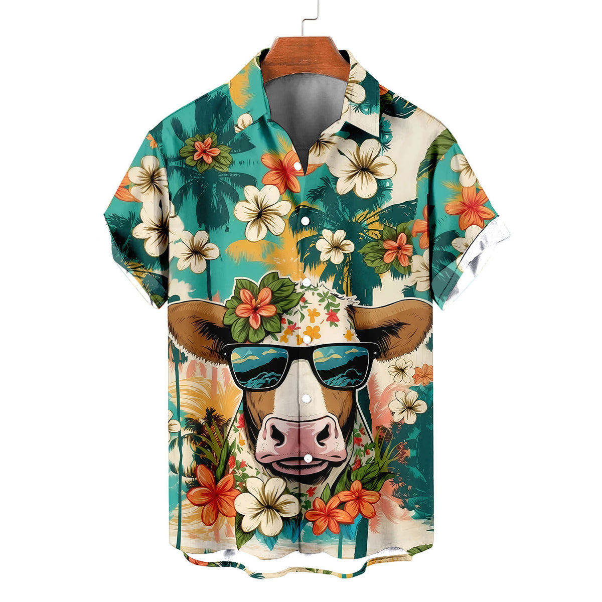 Cute Cow Hawaiian Shirt – Smiling Cow Sunglasses Tropical Floral Aloha | Funny Cow Lover Gift Men Women