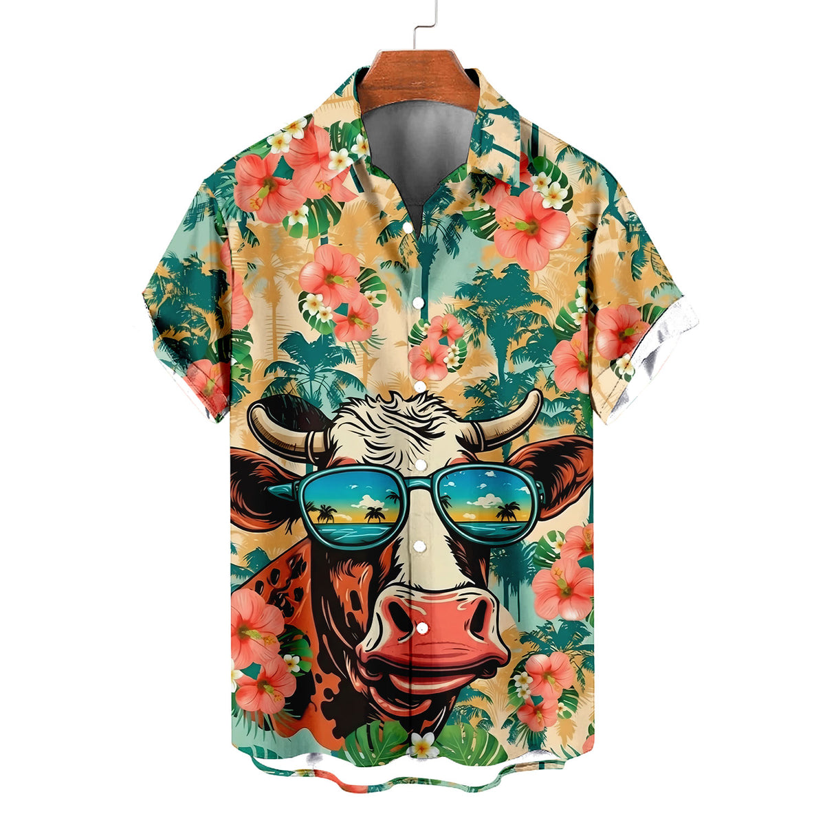 Highland Cow Hawaiian Shirt – Cool Cow Beach Reflection Sunglasses Tropical Hibiscus Aloha | Funny Cow Gift Men Women