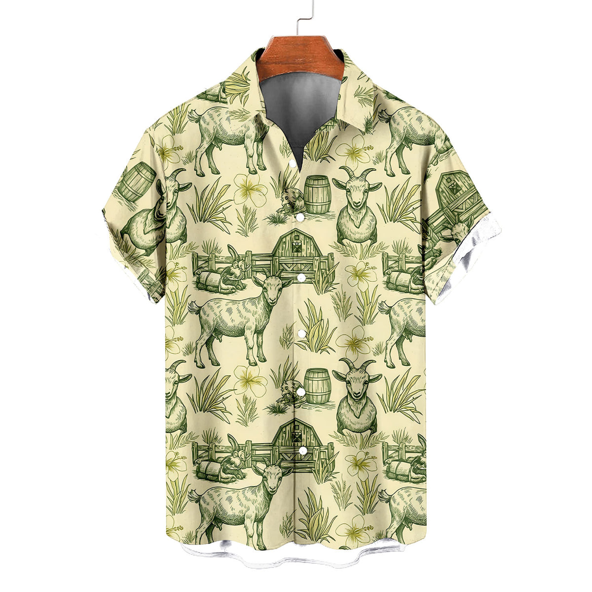 Goat Farm Hawaiian Shirt – Vintage Sketch Farm Scene Aloha Button Down | Goat Lover Gift