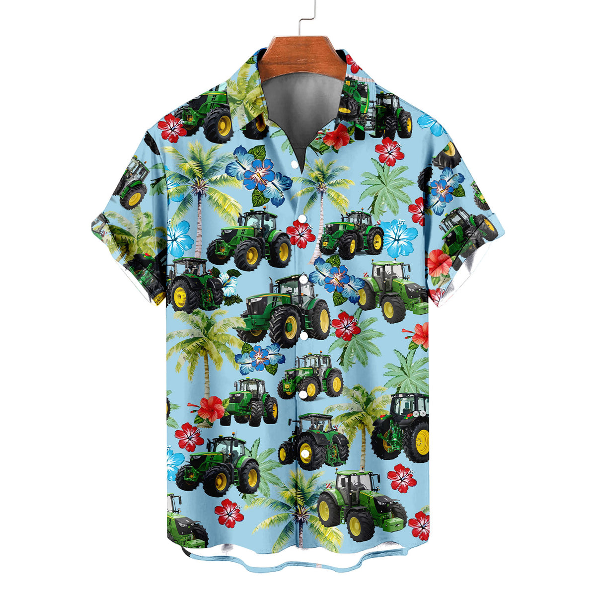 Green Tractor Hawaiian Shirt – Farm Tractor Tropical Hibiscus Palm Tree Aloha Button Down | Farmer Gift