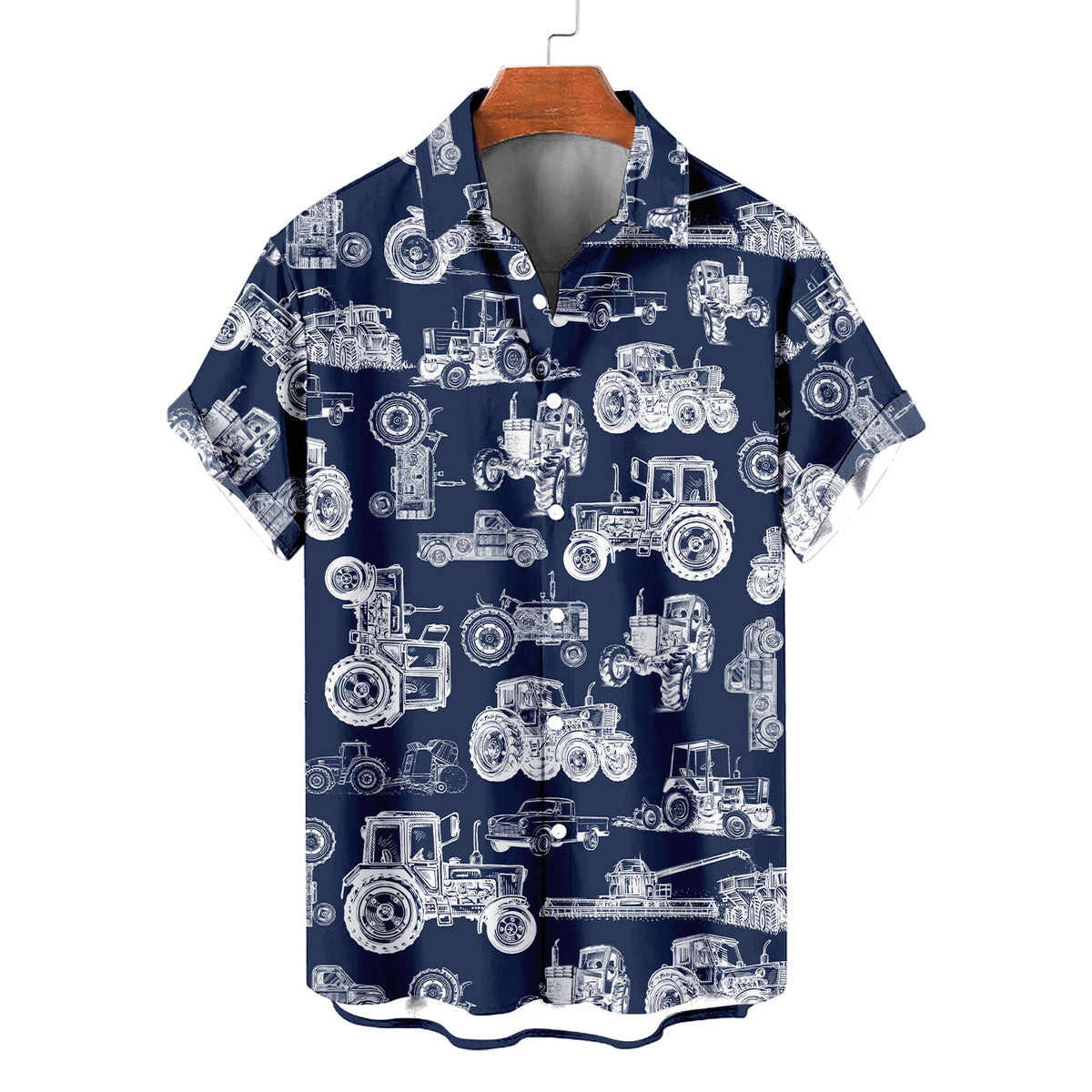 Farm Tractor Hawaiian Shirt – Navy Blueprint Vintage Farm Machinery All Over Print Aloha | Farmer Gift