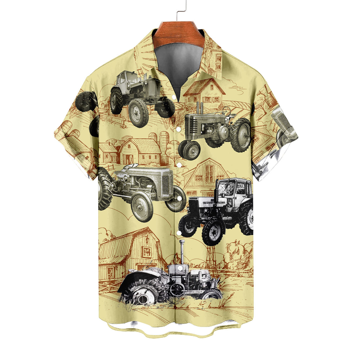 Vintage Farm Tractor Hawaiian Shirt – Retro Farm Scene Barn Tractor All Over Print Aloha | Farmer Dad Gift