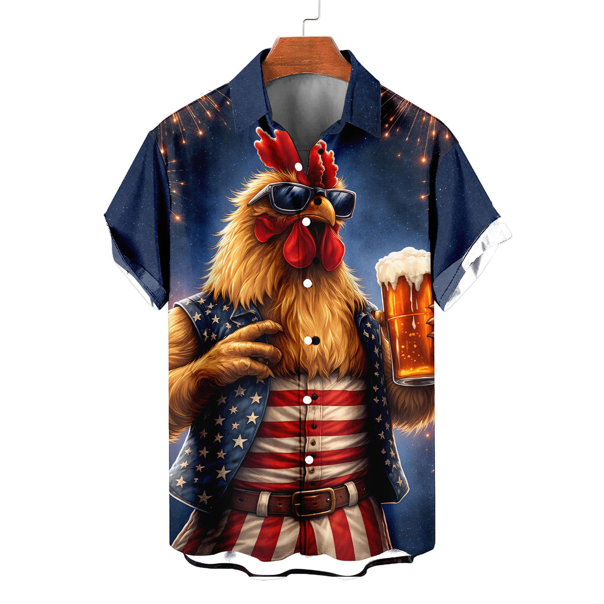 Rooster Beer Hawaiian Shirt – Patriotic Rooster Drinking Beer American Flag Aloha | 4th of July Gift For Men