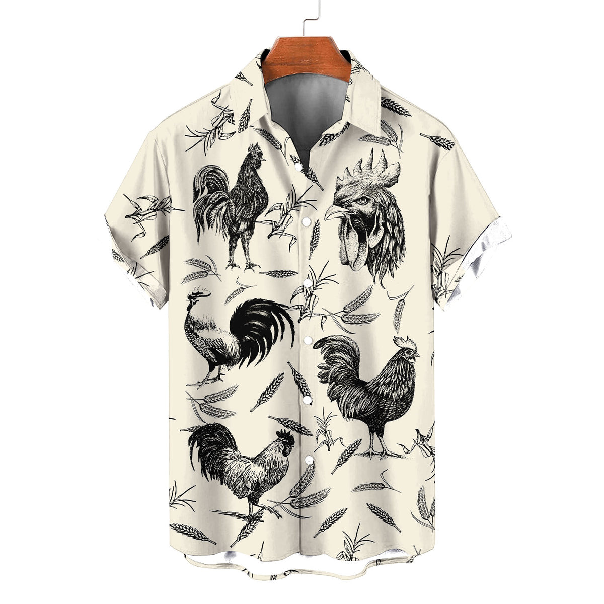 Rooster Hawaiian Shirt – Black White Vintage Sketch Chicken Farm Aloha | Rooster Lover Gift