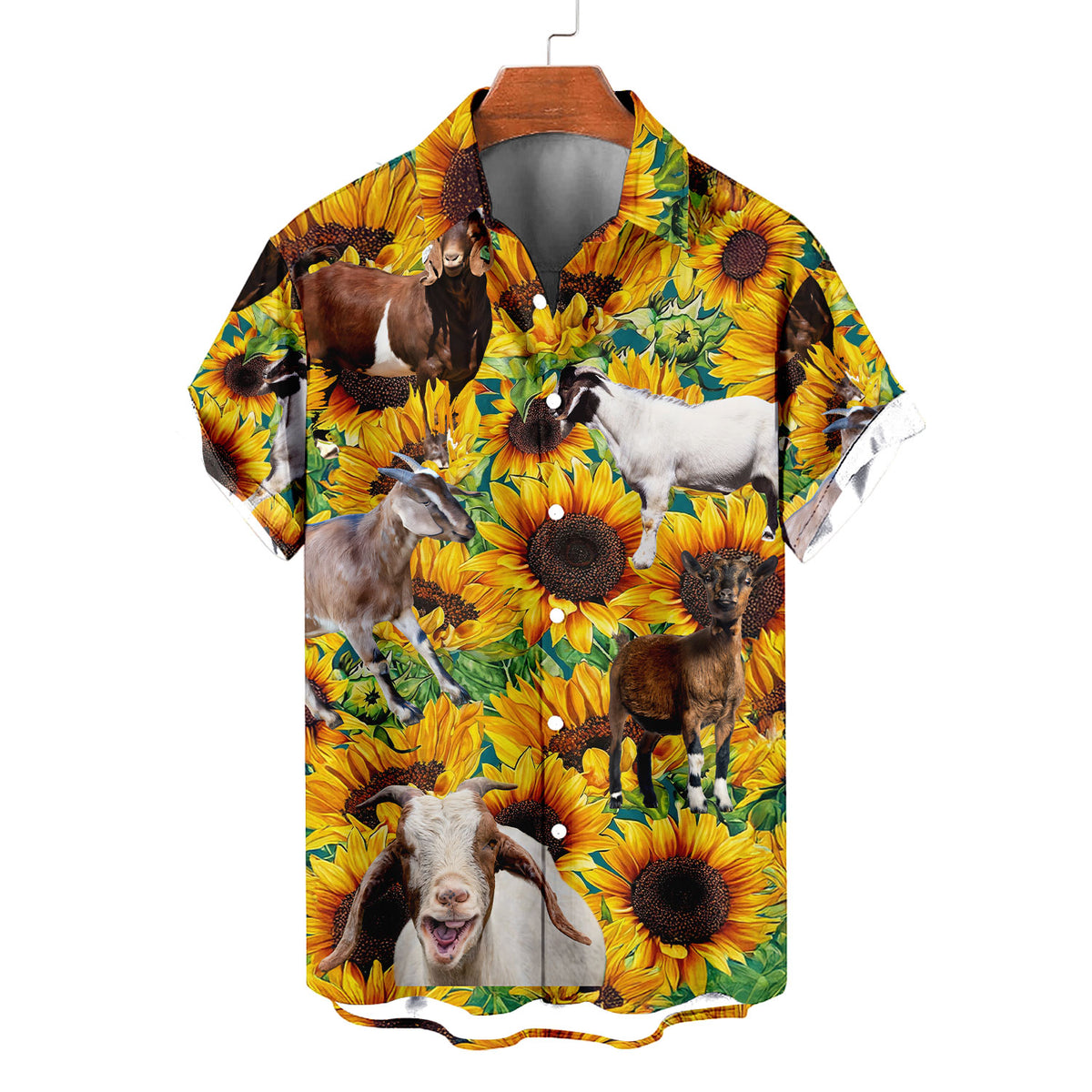 Goat Sunflower Hawaiian Shirt – Funny Goat Sunflower Field Aloha Button Down | Goat Mom Gift
