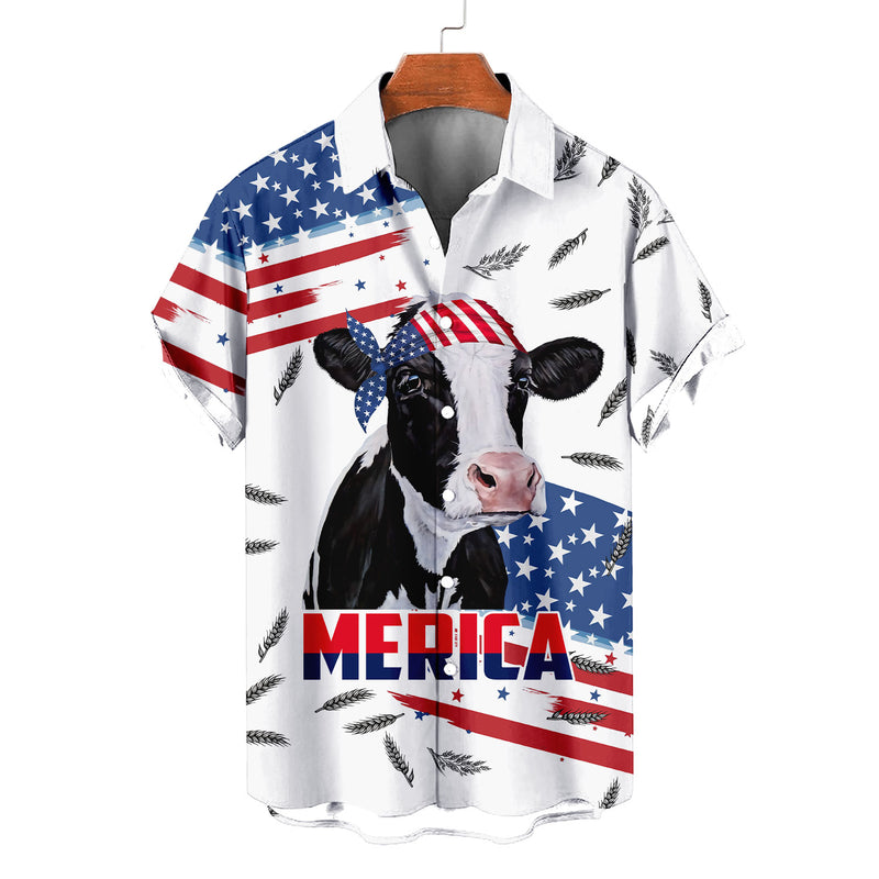 Merica Cow Hawaiian Shirt – Patriotic American Flag Holstein Cow Aloha | 4th of July Farmer Gift