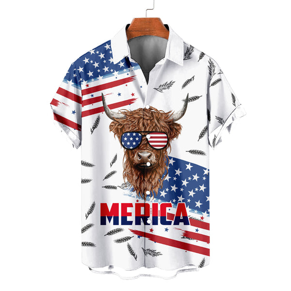 Merica Highland Cow Hawaiian Shirt – Patriotic Highland Cow Sunglasses American Flag Aloha | 4th of July Gift