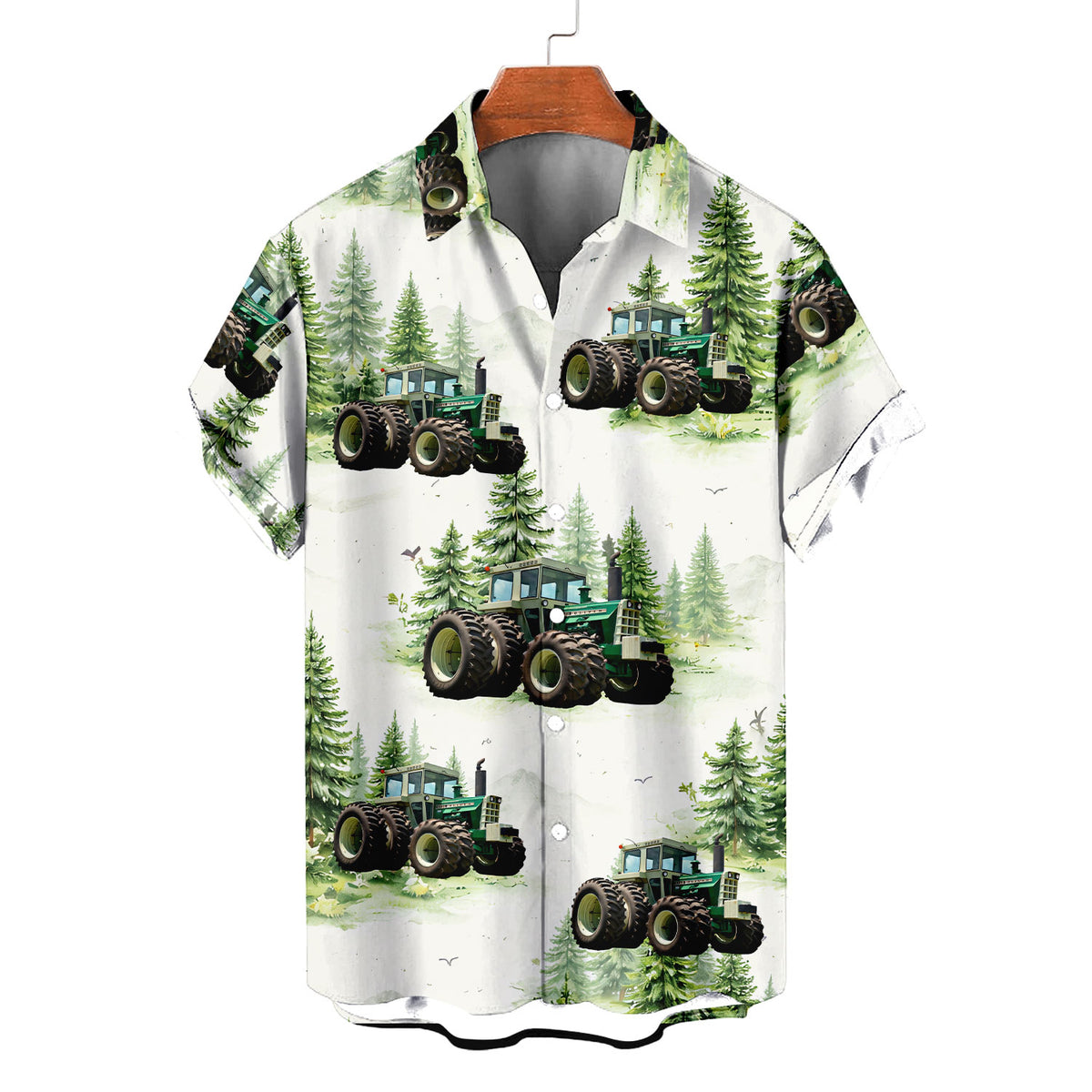 Green Tractor Hawaiian Shirt – Watercolor Pine Forest Farm Aloha Button Down | Tractor Lover Gift Men Women