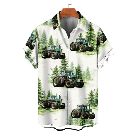 Green Tractor Hawaiian Shirt – Watercolor Pine Forest Farm Aloha Button Down | Tractor Lover Gift Men Women
