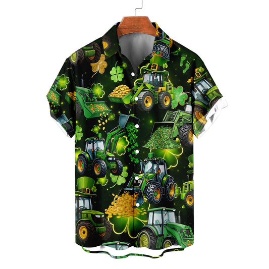 St Patrick's Day Tractor Hawaiian Shirt – Lucky Shamrock Green Farm Tractor Gold Coins Aloha | Funny Irish Farmer Gift Men Women