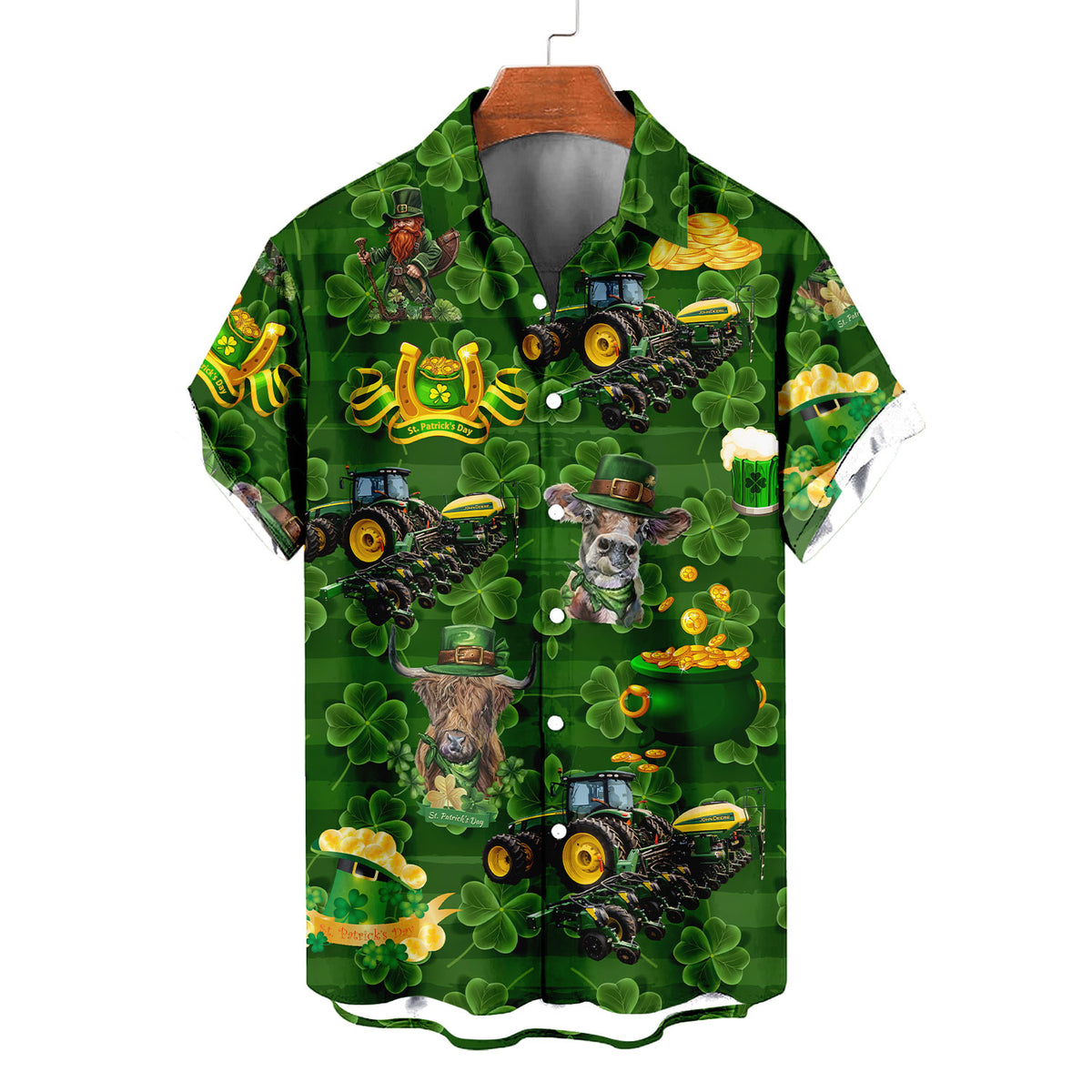 St Patrick's Day Hawaiian Shirt – Lucky Highland Cow Green Tractor Leprechaun Aloha | Irish Farmer Gift Men Women