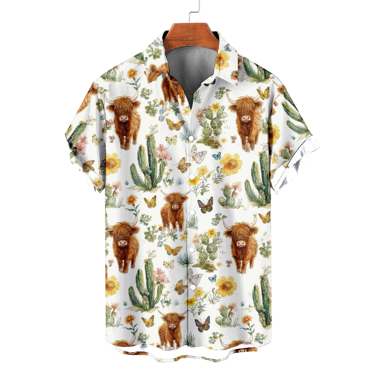 Highland Cow Hawaiian Shirt – Boho Cactus Wildflower Butterfly Aloha Button Down | Cute Cow Lover Gift Women Men