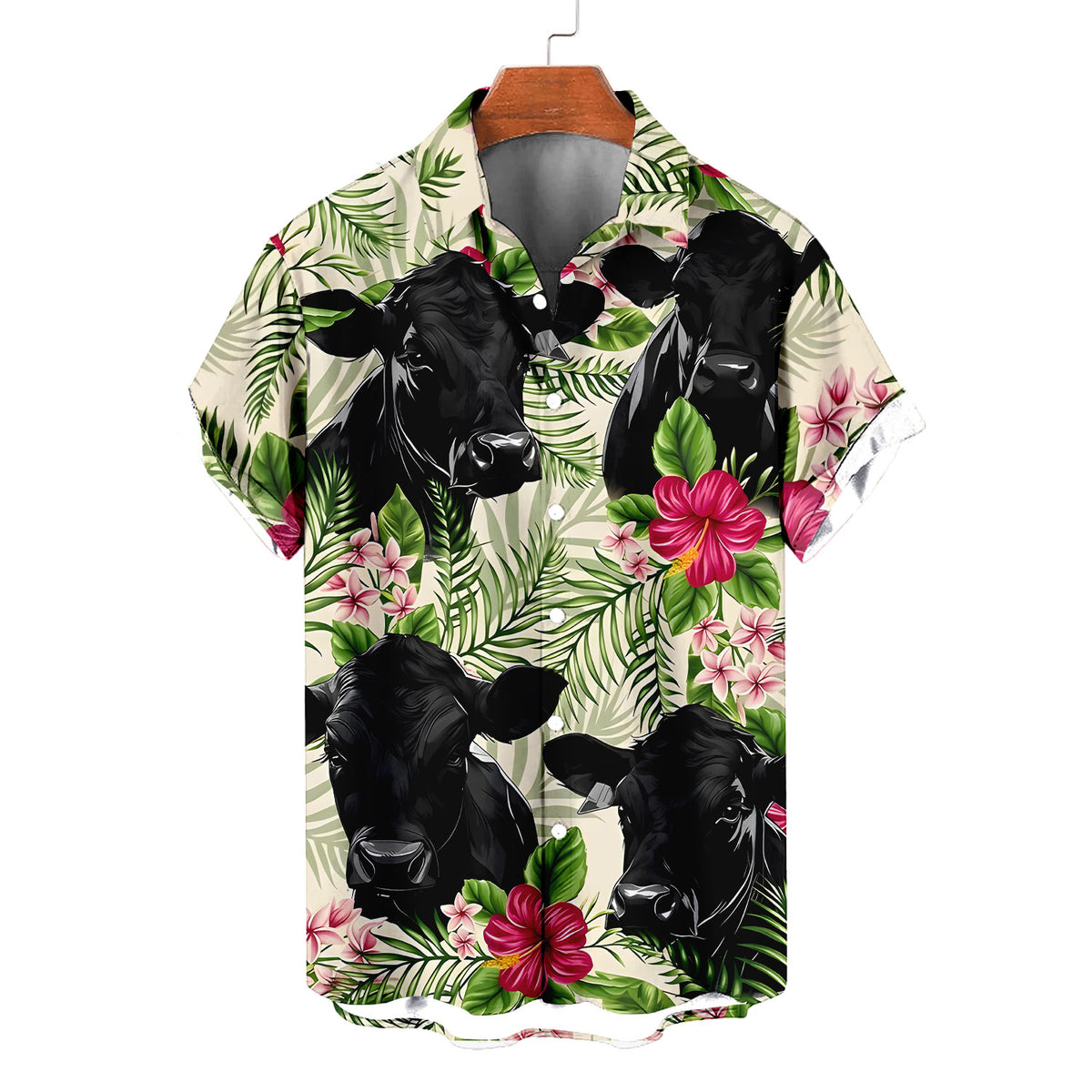 Black Angus Hawaiian Shirt – Tropical Hibiscus Palm Leaves Cattle Aloha Button Down | Cow Farmer Gift Men Women