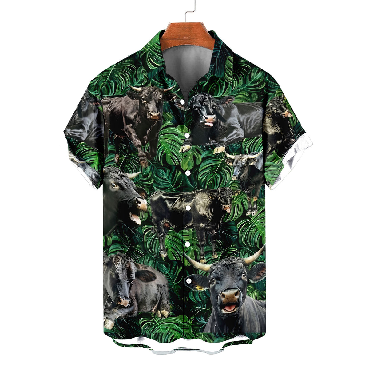 Black Angus Hawaiian Shirt – Dark Tropical Monstera Jungle Cattle Aloha Button Down | Cattle Rancher Gift Men Women