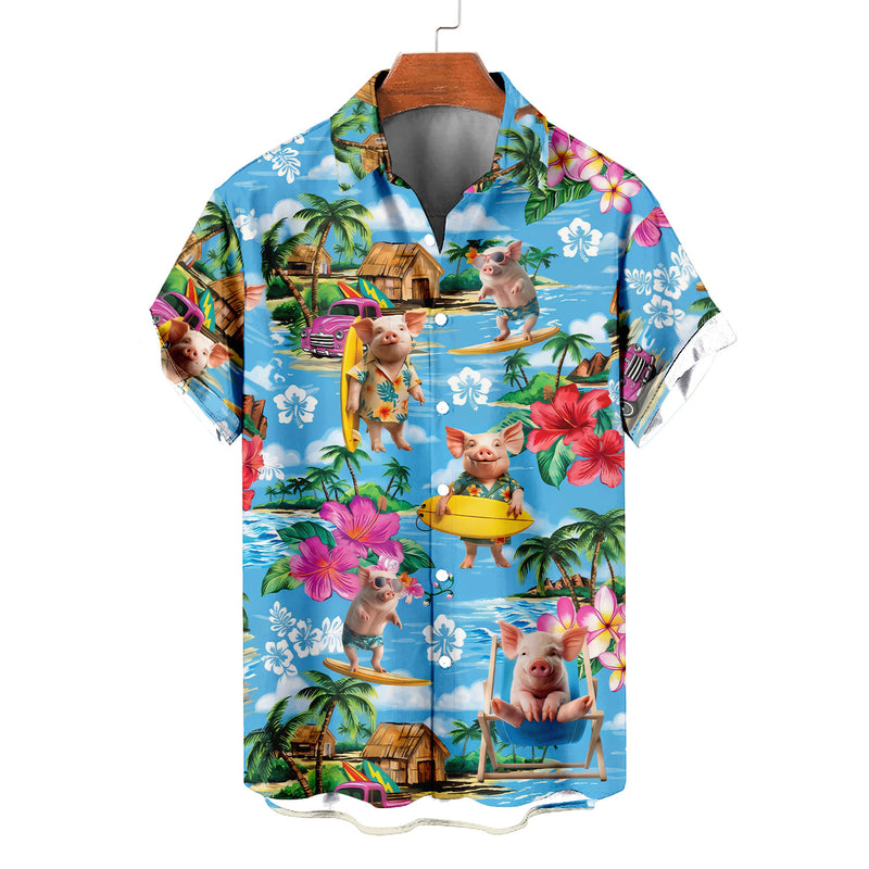 Funny Pig Hawaiian Shirt – Surfing Pig Beach Tropical Aloha Button Down | Cute Pig Lover Gift Men Women