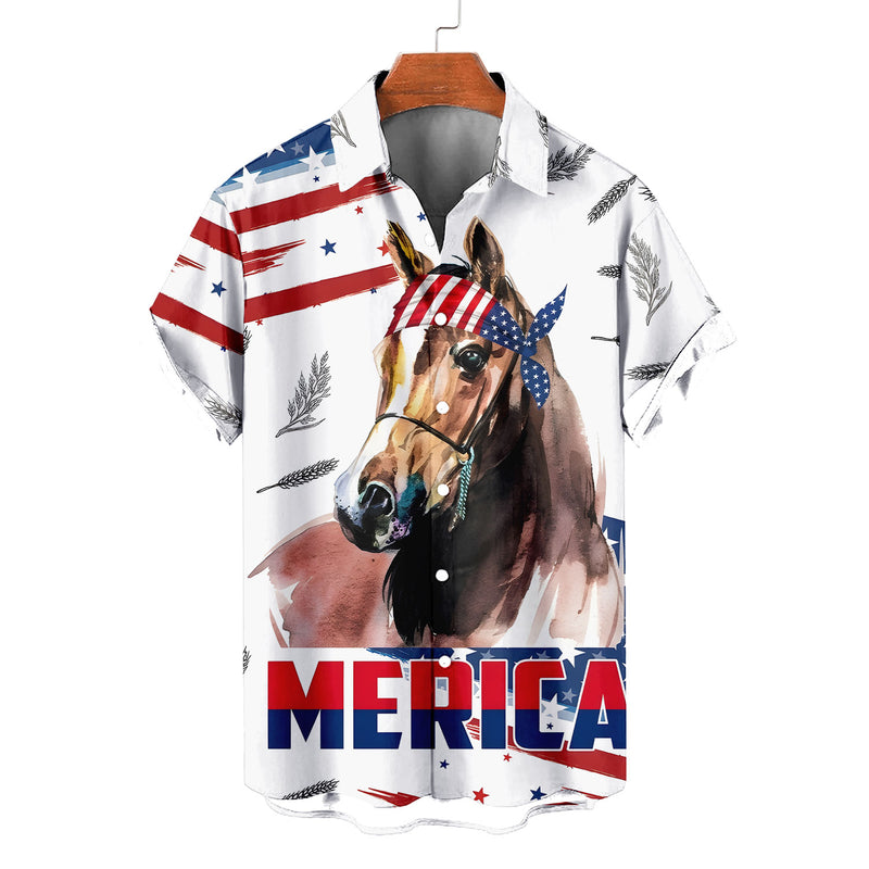 Patriotic Horse Hawaiian Shirt – Merica American Flag Horse Aloha Button Down | 4th of July Horse Lover Gift Men Women