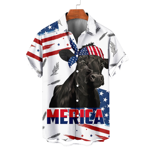 Patriotic Black Angus Hawaiian Shirt – Merica American Flag Cattle Aloha Button Down | 4th of July Cow Farmer Gift Men Women