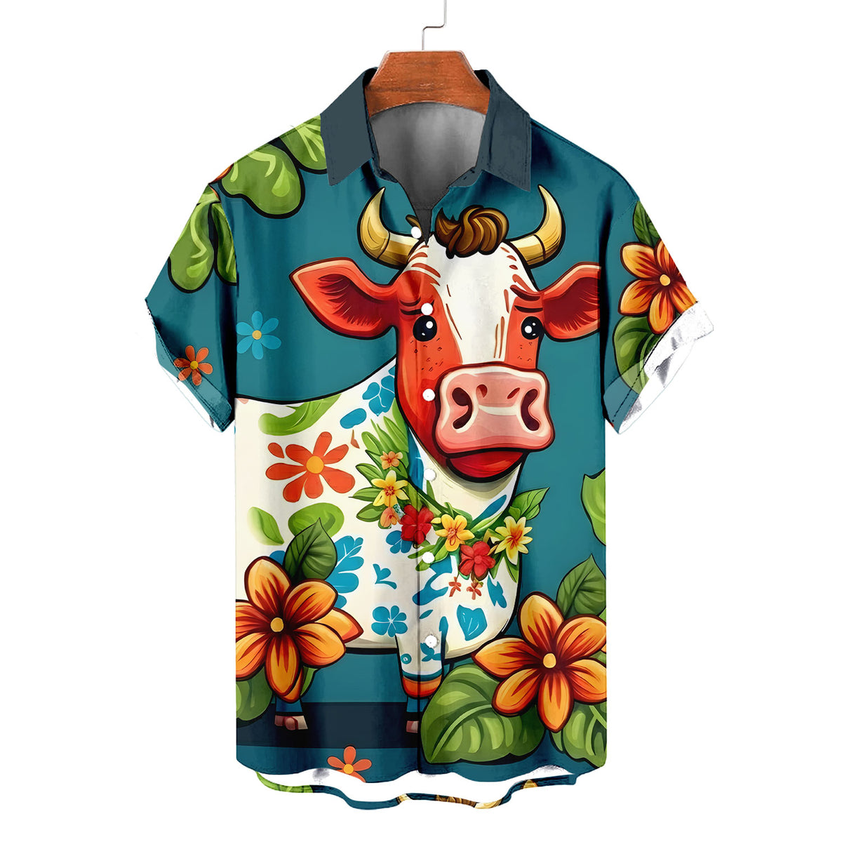 Cute Cow Hawaiian Shirt – Cartoon Tropical Cow Floral Aloha Button Down | Funny Cow Lover Gift Men Women