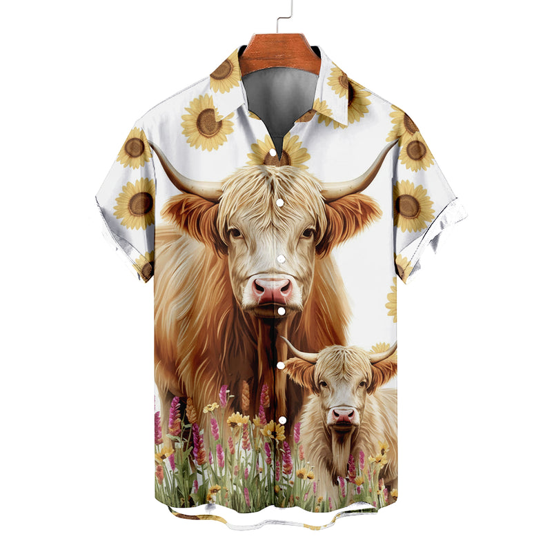 Mama Highland Cow Hawaiian Shirt — Mother & Baby Sunflower Pattern | Farm Mom Gift for Mother's Day