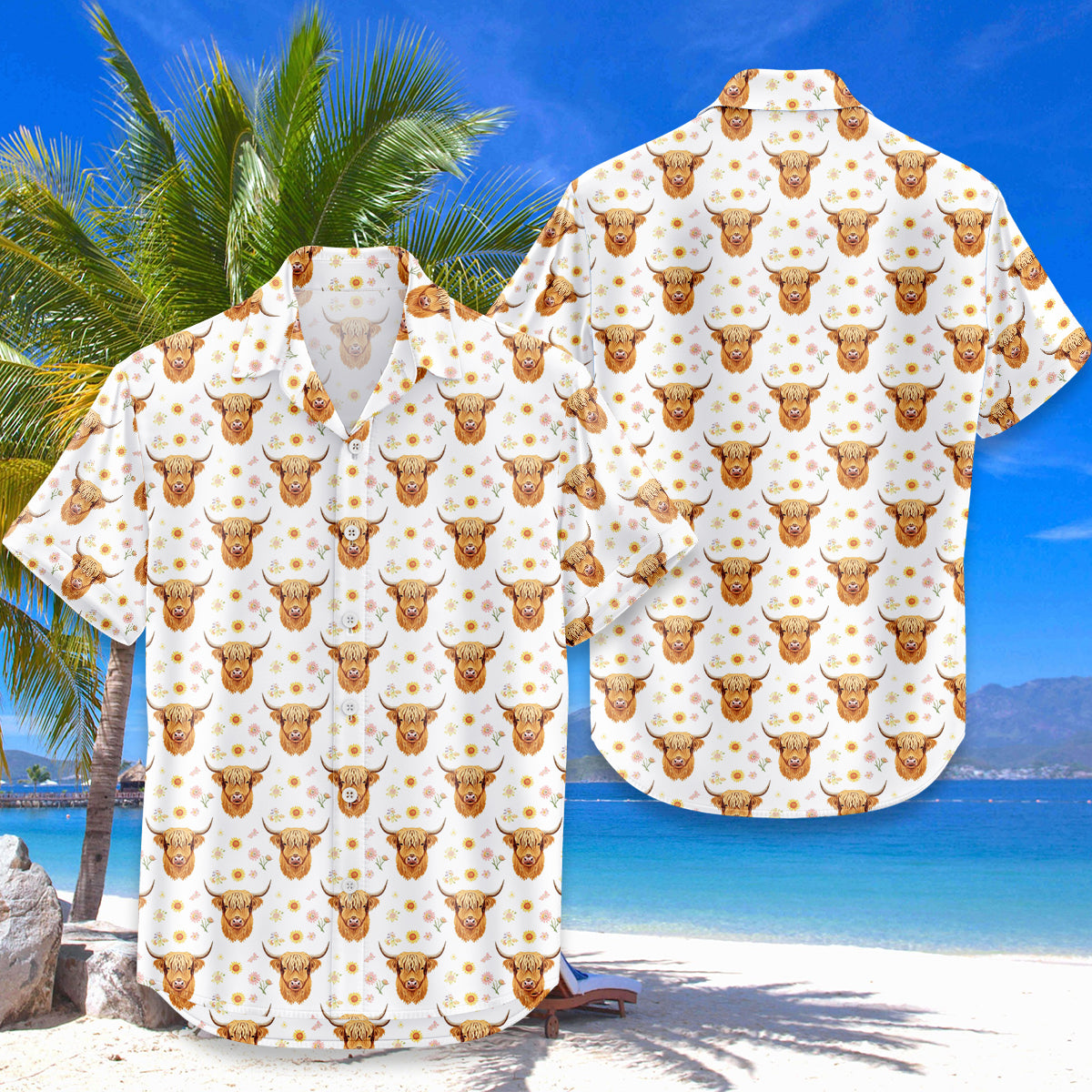Highland Cow Hawaiian Shirt — Cute Floral Sunflower Pattern | Funny Farm Animal Button Down