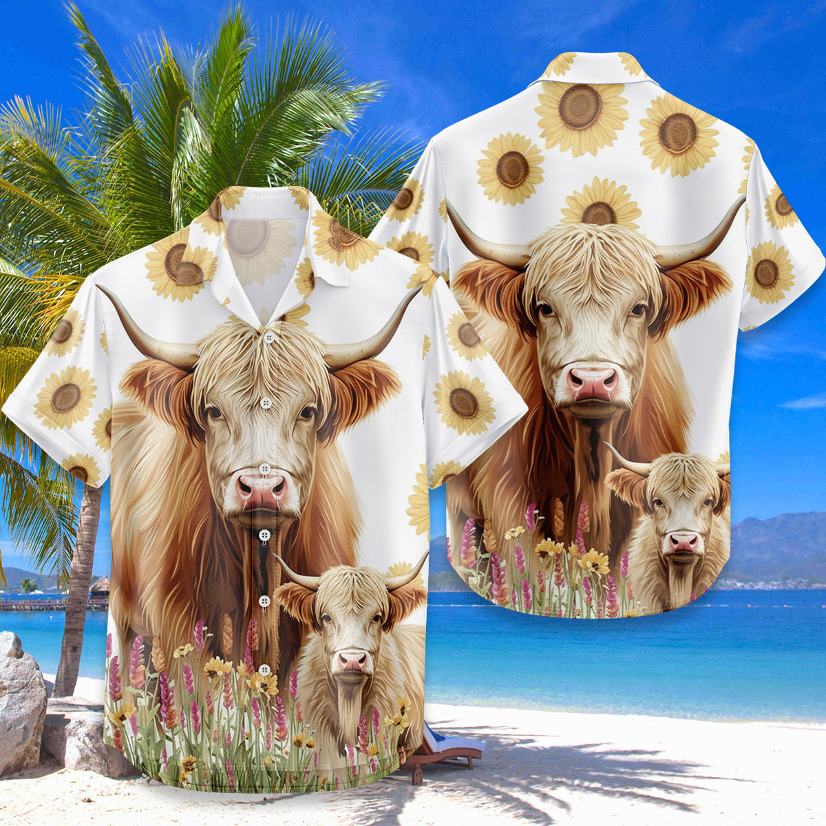 Mama Highland Cow Hawaiian Shirt — Mother & Baby Sunflower Pattern | Farm Mom Gift for Mother's Day