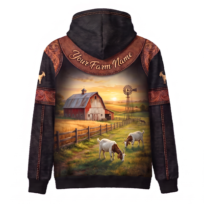 3D Print Goat Ranch Hoodie (Faux Leather Design) - Custom Name & Farm Name Western Style Hoodie