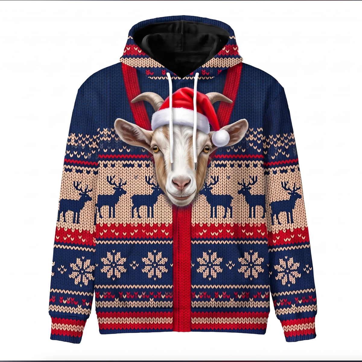Goat Christmas Hoodie | Funny Santa Goat Faux-Knit Print Hoodie | Farm Animal Christmas Gift