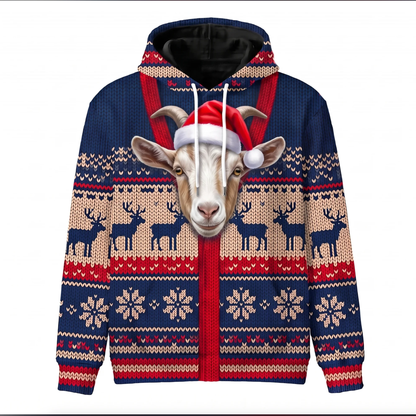 Goat Christmas Hoodie | Funny Santa Goat Faux-Knit Print Hoodie | Farm Animal Christmas Gift
