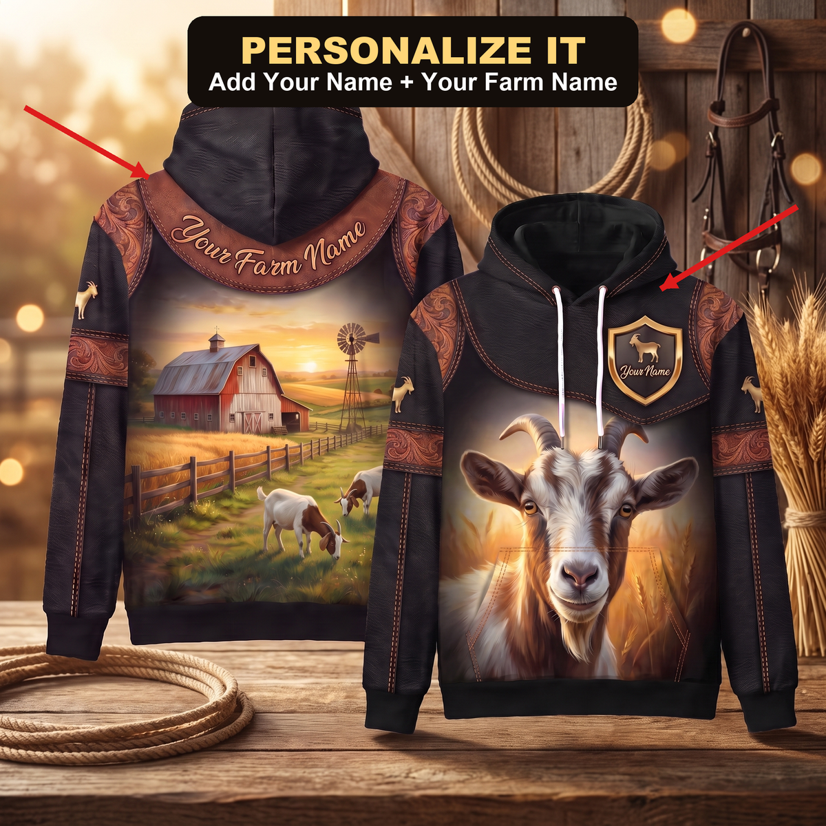 3D Print Goat Ranch Hoodie (Faux Leather Design) - Custom Name & Farm Name Western Style Hoodie