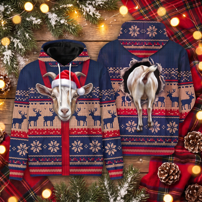 Goat Christmas Hoodie | Funny Santa Goat Faux-Knit Print Hoodie | Farm Animal Christmas Gift