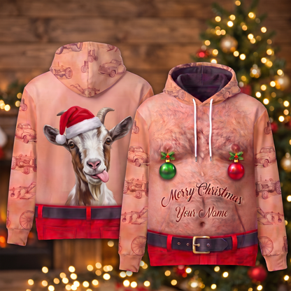Funny Santa Goat Hairy Belly Hoodie - Custom Name GOAT Christmas Hoodie