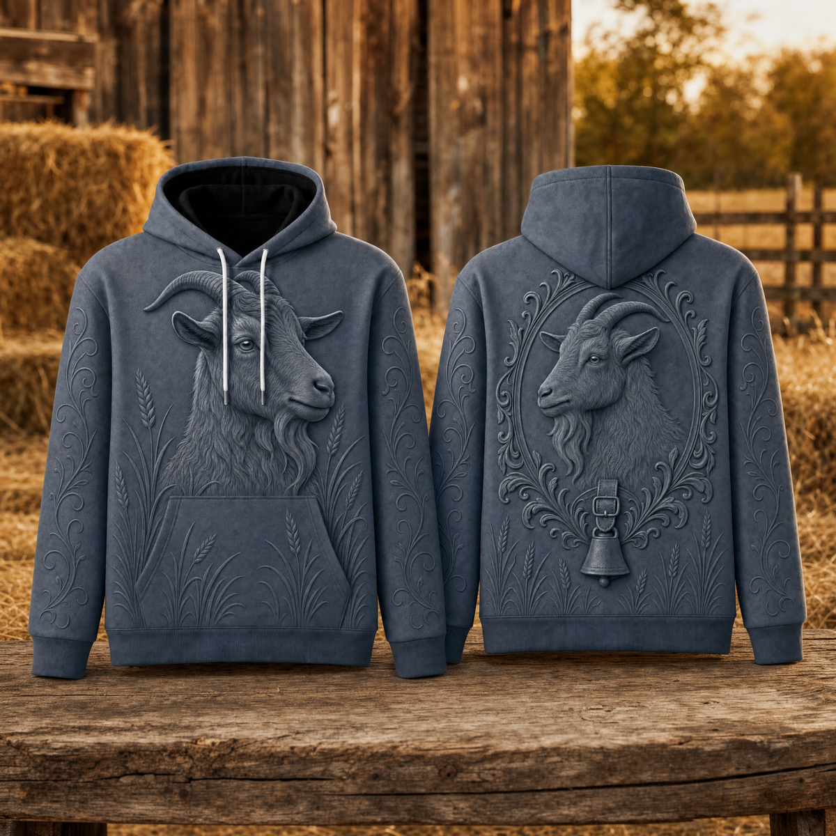 Goat Hoodie – Rustic Farm 3D Effect All-Over Print Unisex Pullover, Slate Gray, Goat Lover Gift