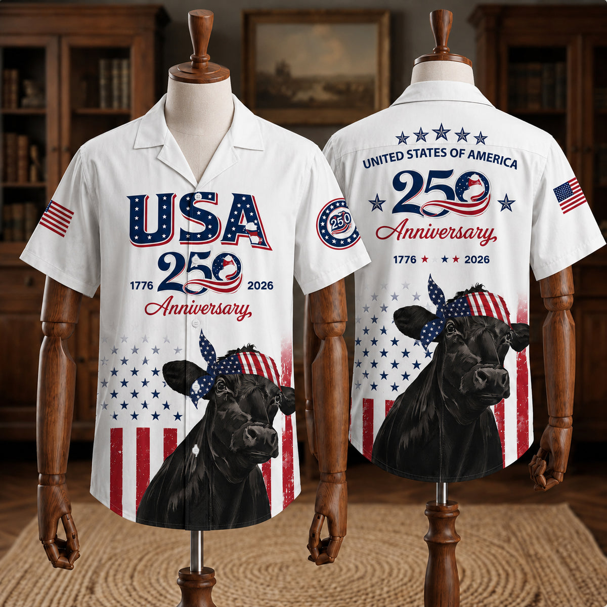 USA 250th Anniversary Black Angus Hawaiian Shirt, Patriotic Cow Shirt for 4th of July, Gift for Cattle Farmer
