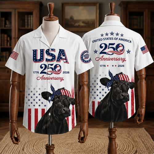 USA 250th Anniversary Black Angus Hawaiian Shirt, Patriotic Cow Shirt for 4th of July, Gift for Cattle Farmer