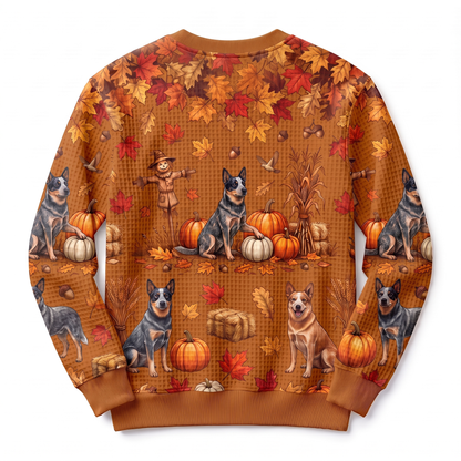 Blue Heeler Harvest Waffle-Knit Crewneck Sweatshirt – Autumn Pumpkin Patch All-Over Print, Australian Cattle Dog Fall Sweater for Women