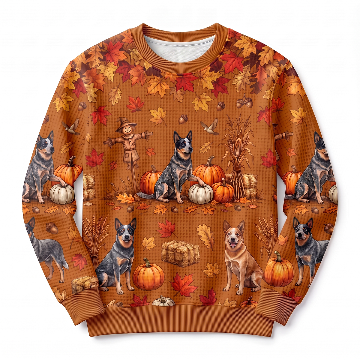 Blue Heeler Harvest Waffle-Knit Crewneck Sweatshirt – Autumn Pumpkin Patch All-Over Print, Australian Cattle Dog Fall Sweater for Women