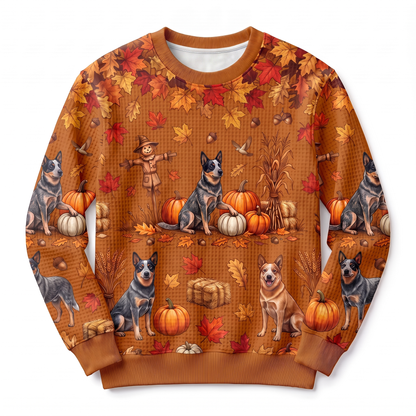 Blue Heeler Harvest Waffle-Knit Crewneck Sweatshirt – Autumn Pumpkin Patch All-Over Print, Australian Cattle Dog Fall Sweater for Women
