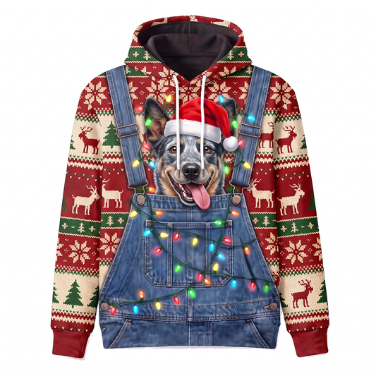 Funny Santa Blue Heeler Christmas Hoodie - Cattle Dog Overalls Ugly Christmas Sweater Style