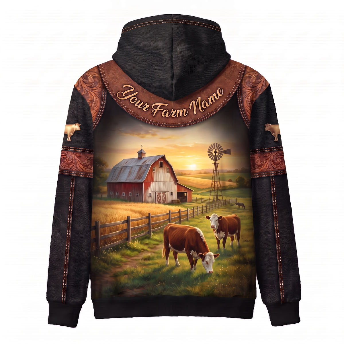 3D Print Hereford Cattle Ranch Hoodie (Faux Leather Design) - Custom Name & Farm Name Western Style Hoodie
