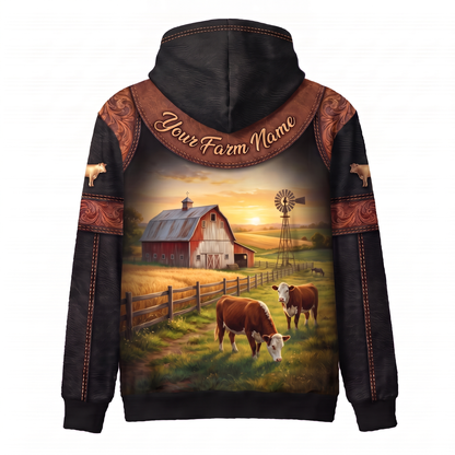 3D Print Hereford Cattle Ranch Hoodie (Faux Leather Design) - Custom Name & Farm Name Western Style Hoodie
