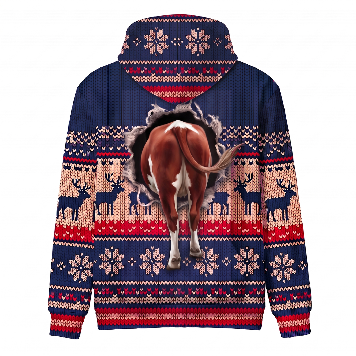 Hereford Cow Christmas Hoodie | Funny Santa Cow Faux-Knit Print Hoodie | Farm Animal Christmas Gift