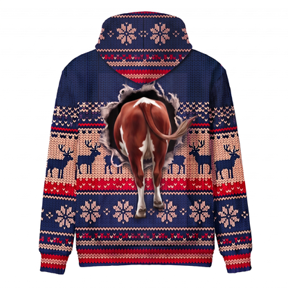Hereford Cow Christmas Hoodie | Funny Santa Cow Faux-Knit Print Hoodie | Farm Animal Christmas Gift