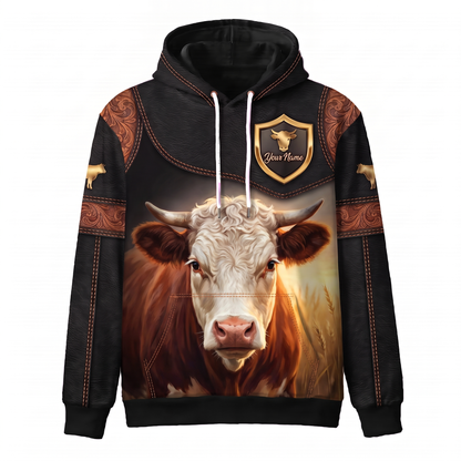 3D Print Hereford Cattle Ranch Hoodie (Faux Leather Design) - Custom Name & Farm Name Western Style Hoodie