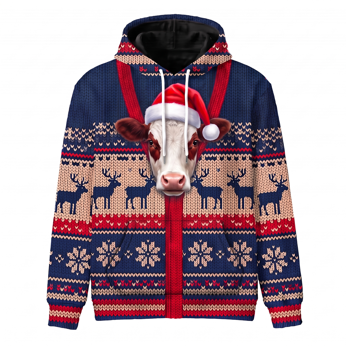 Hereford Cow Christmas Hoodie | Funny Santa Cow Faux-Knit Print Hoodie | Farm Animal Christmas Gift